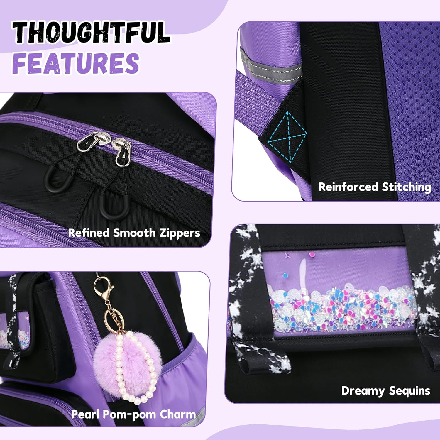 Backpack for Girls,3Pcs Elementary Kids School Bag,Middle Students Teen Girls Backpack,Kawaii Book bag ages 6-12 Balck Purple