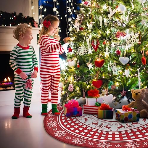 Miniatura 3 de Falda de árbol de Navidad, faldas de árbol rojo de 48 pulgadas con renos de copo de nieve, falda de árbol de Navidad, decoraciones de Navidad para