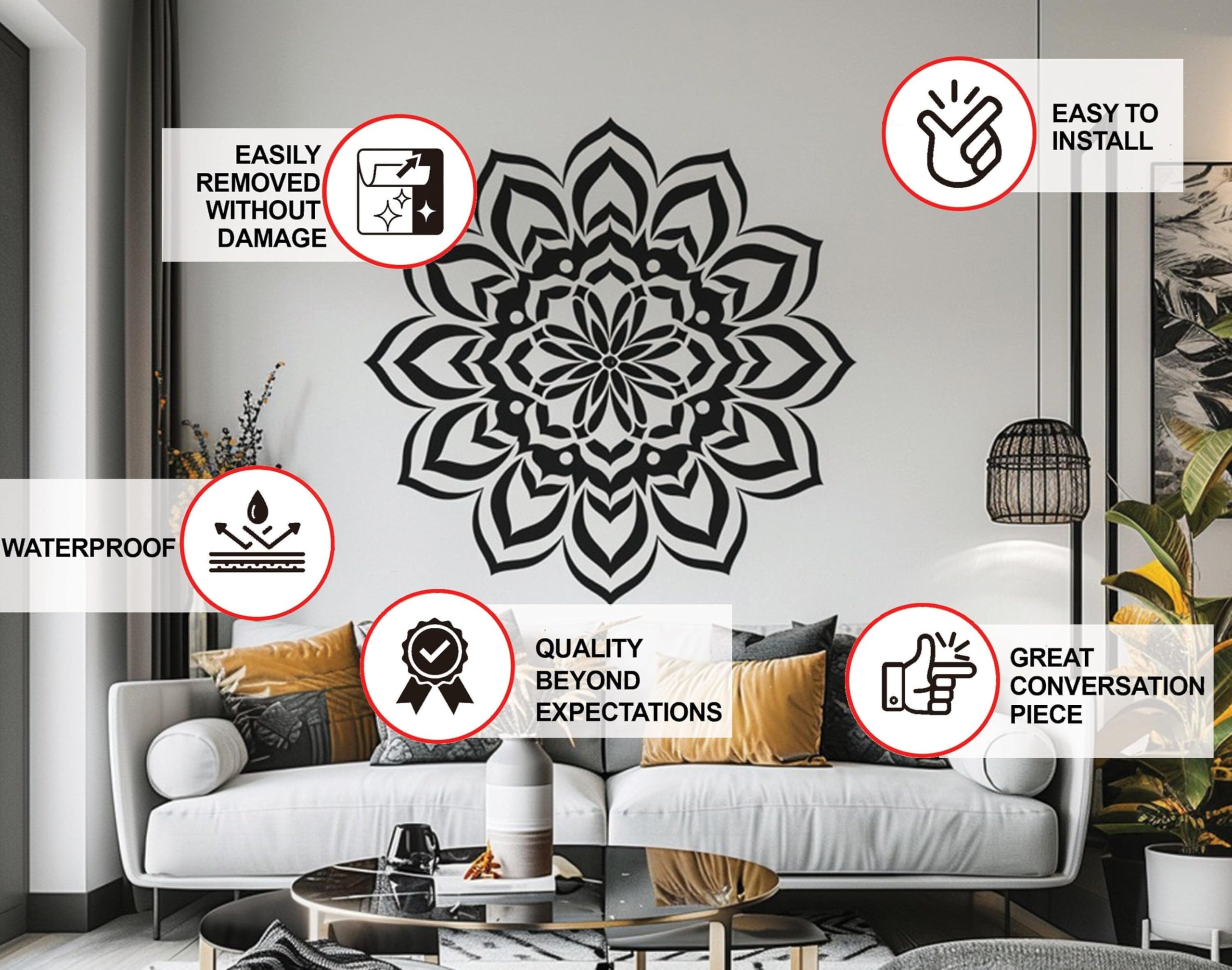 Adhesivo de pared con diseño de mandala para espacios de meditación y yoga, elegante calcomanía de vinilo extraíble para decoración del hogar y estudio, 134 x 134