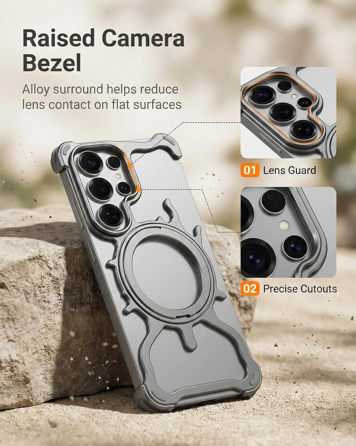 Frameless Case with Rotating Ring for Samsung Galaxy S26 Ultra, Silver Slim Open Back Bumper with Soft Corners Camera Bezel Protection Magnetic Accessory Ready Grip Stand, Silver