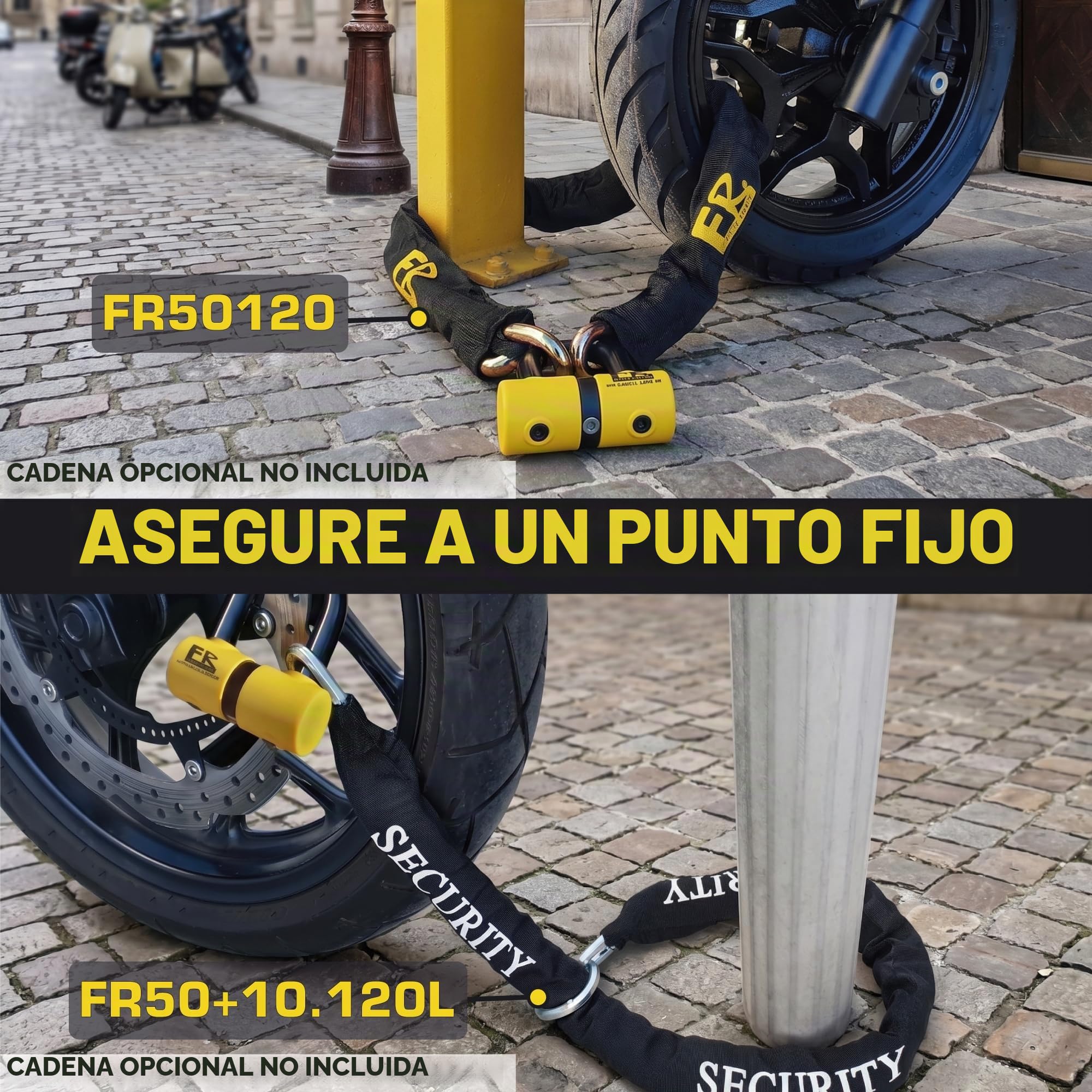 FR SECURITE FR50 Candado Moto Disco Mini U Homologado SRA, Arco ø18mm de Acero Templado, Doble Cierre, Cerradura Alta Seguridad Antiganzúa, Cable Recordatorio, Bloqueo Antirrobo Cepo Disco Freno