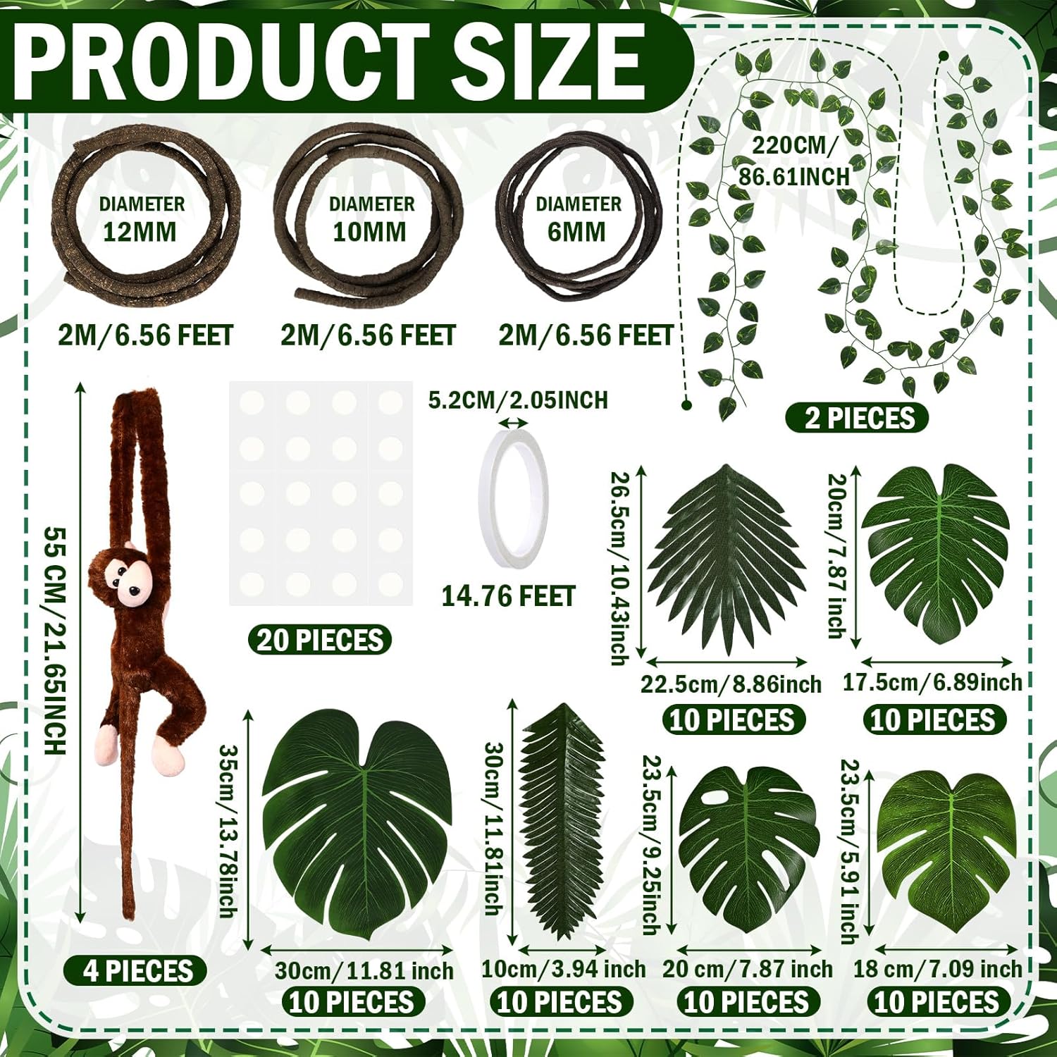 90 Pcs Jungle Theme Decoration Tropical Rainforest Safari Party Decor 4 Hanging Monkey Stuffed 14.4 ft Pothos Vines 20ft Artificial Rattan 60 Palm Leaf Set for Birthday Classroom Party (20ft)