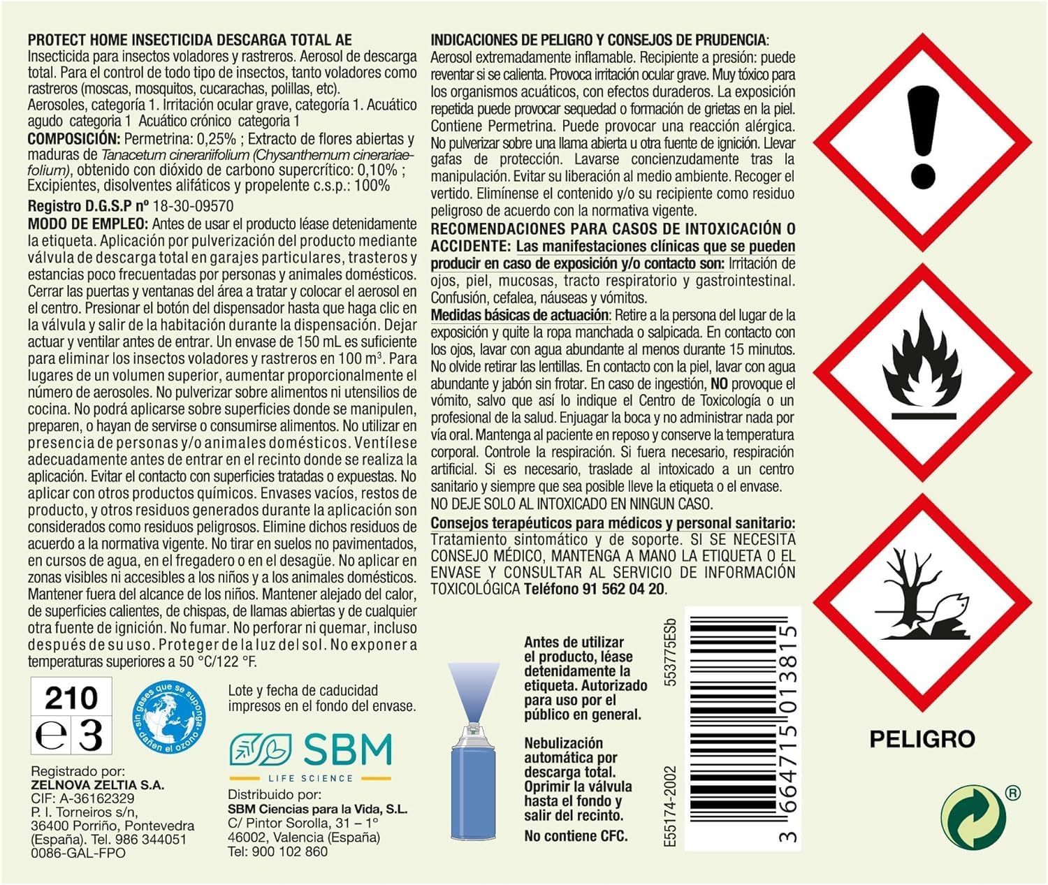 Insecticida DESCARGA TOTAL 150ml - Protect Home. Eficaz contra insectos voladores y rastreros. Ideal para lugares de dificil acceso. Listo para usar. (6)