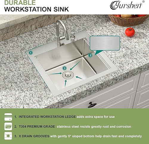 Miniatura 6 de Fregadero de cocina para exteriores de 21 pulgadas, fregaderos de barra de montaje superior con grifo de 21 x 20 x 10 pulgadas, fregadero de acero