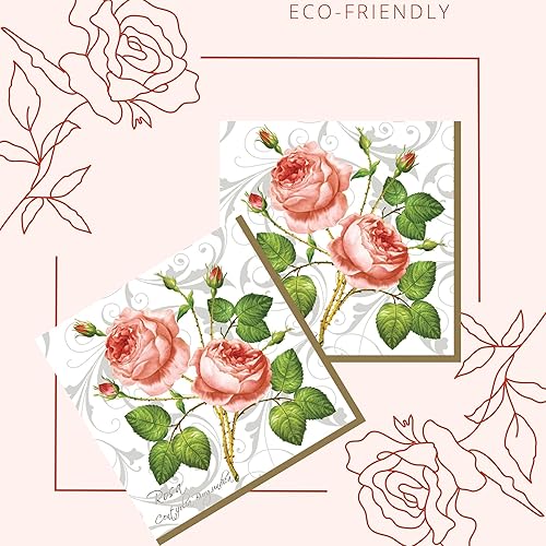 Miniatura 4 de Servilletas de papel de 20 unidades de 13 x 13 pulgadas, diseño de rosas de bebé, 3 capas, estampado de rosas, para arte, cena y fiesta, servilletas