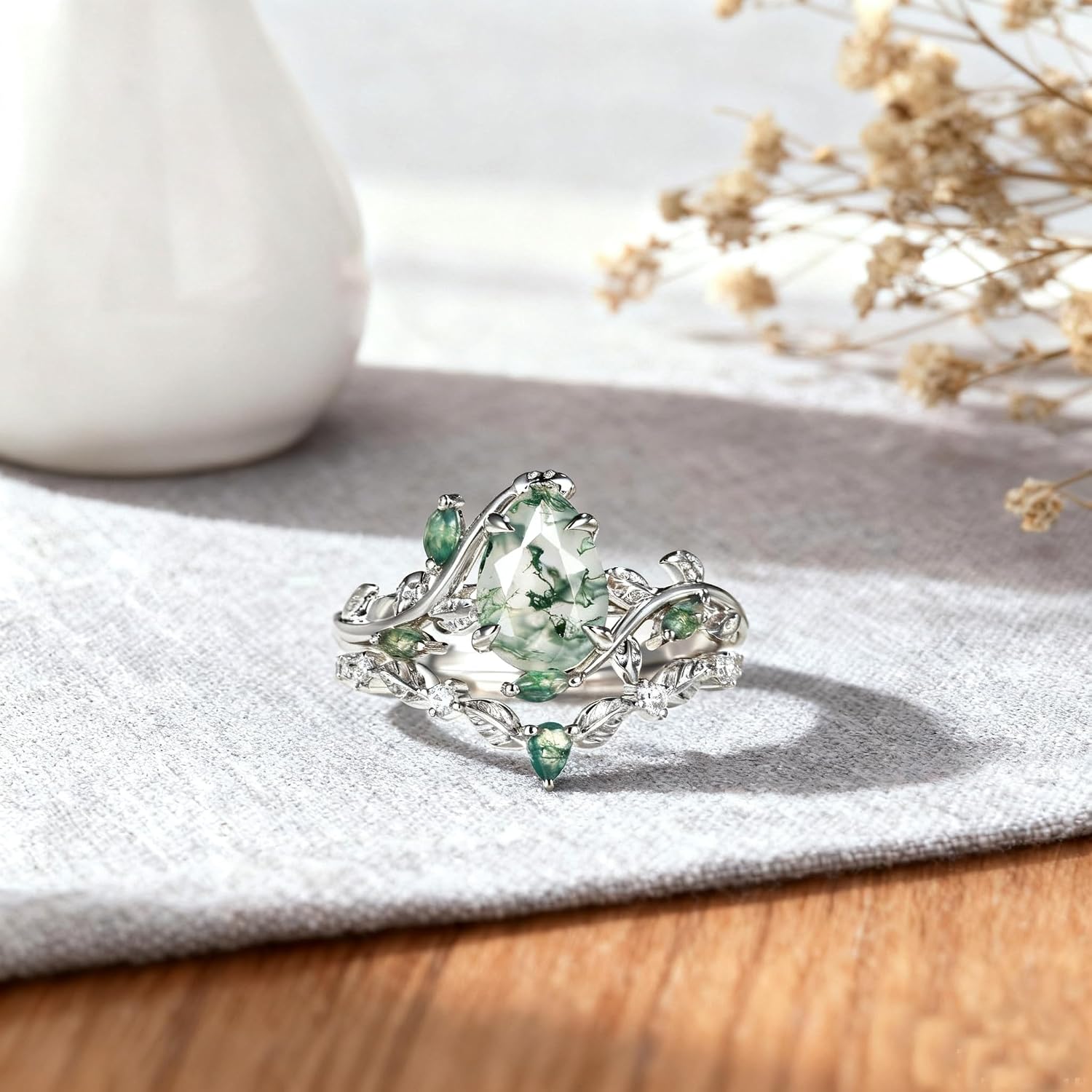 Heart/Oval/Kite/Hexagon Cut Natural Moss Agate Ring Set for Women Anniversary Ring 925 Sterling Silver Promise Rings Vintage Bridal Ring Sets Unique Women Jewelry Gift for Your Lover or Mother