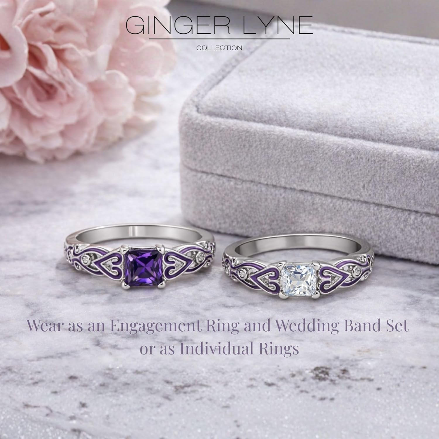 Cherri Wedding Ring Set for Women by Ginger Lyne | Purple Princess Cut Engagement Ring with Matching Wedding Band Cubic Zirconia Promise or Bridal Set
