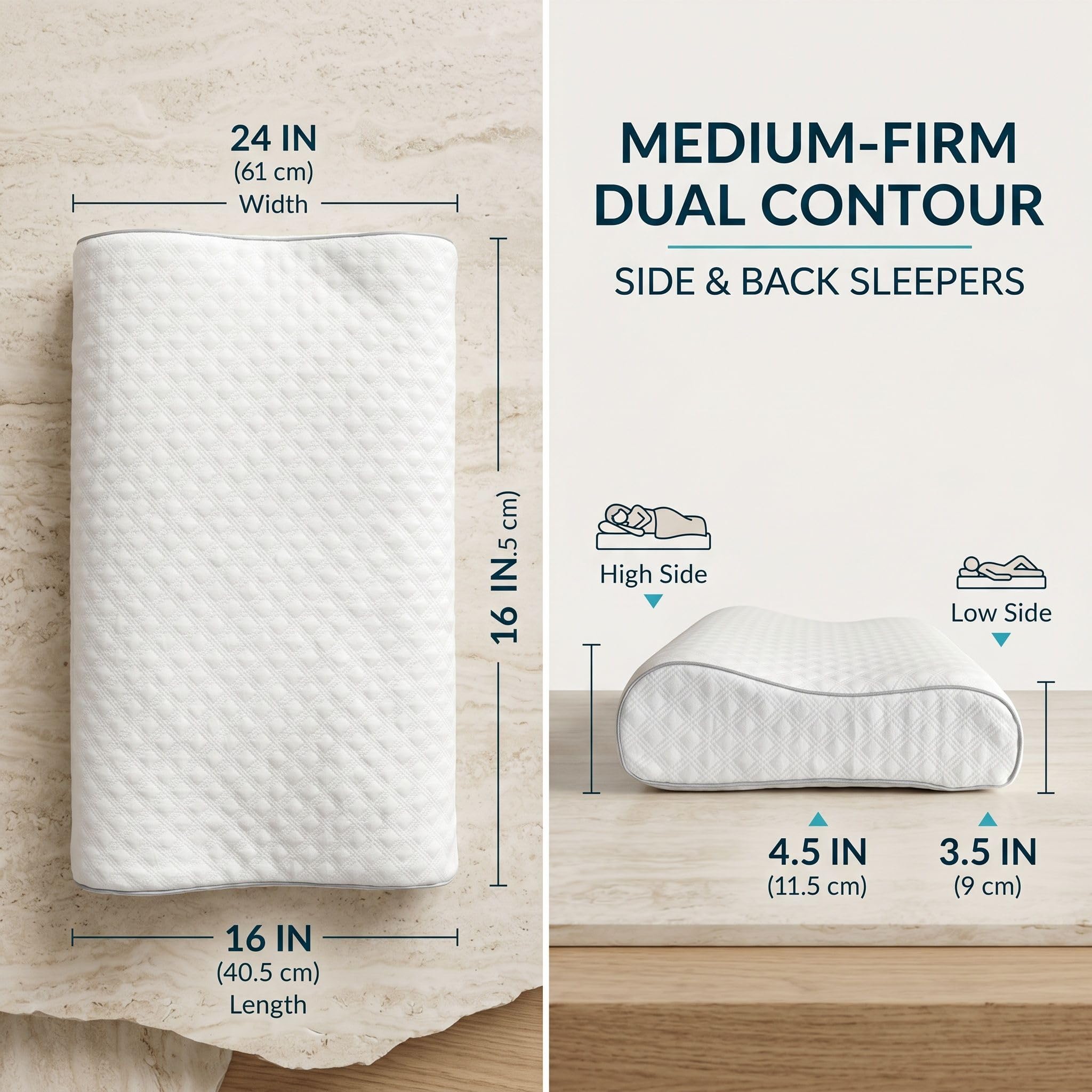 Almohada viscoelástica contorneada Aeris, almohada de posición lateral con espuma de Memory Foam ventilada, tamaño estándar, funda de peluche aterciopelado lavable a máquina.