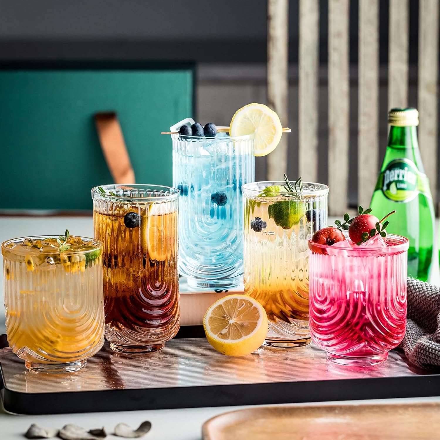 Art Deco Cocktail Glasses, Ribbed Drinking Glasses Set Of 8,14 oz Highball Glasses & 12 oz Cocktail Glasses Set, Kitchen Water Glasses Cup, Bar Tumbler Glassware Set for Beer, Juice, Whiskey, Milk - Image 8