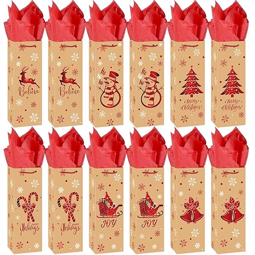 Pasimy 24 Pcs Christmas Wine Bags with Tissue Paper Christmas Red Foil Kraft Paper Wine with Handles Paper Assorted Design Wine Bags Holiday for Bottle Wrapping Birthday Wedding Party