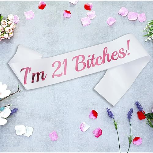 Miniatura 3 de Banda de cumpleaños de 21 cumpleaños, color blanco, banda de papel de aluminio rosa para mujer, divertidas decoraciones de fiesta de cumpleaños de