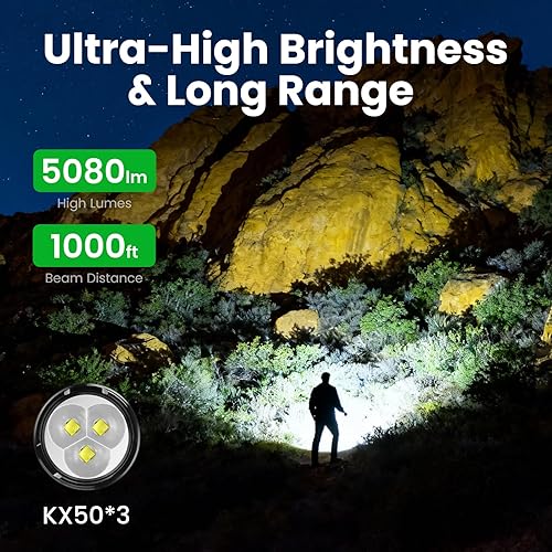 Miniatura 2 de Yemao Linterna recargable súper brillante de 5000 lúmenes altos, linternas de mano LED con 6 modos de memoria, linterna táctica de alta potencia,