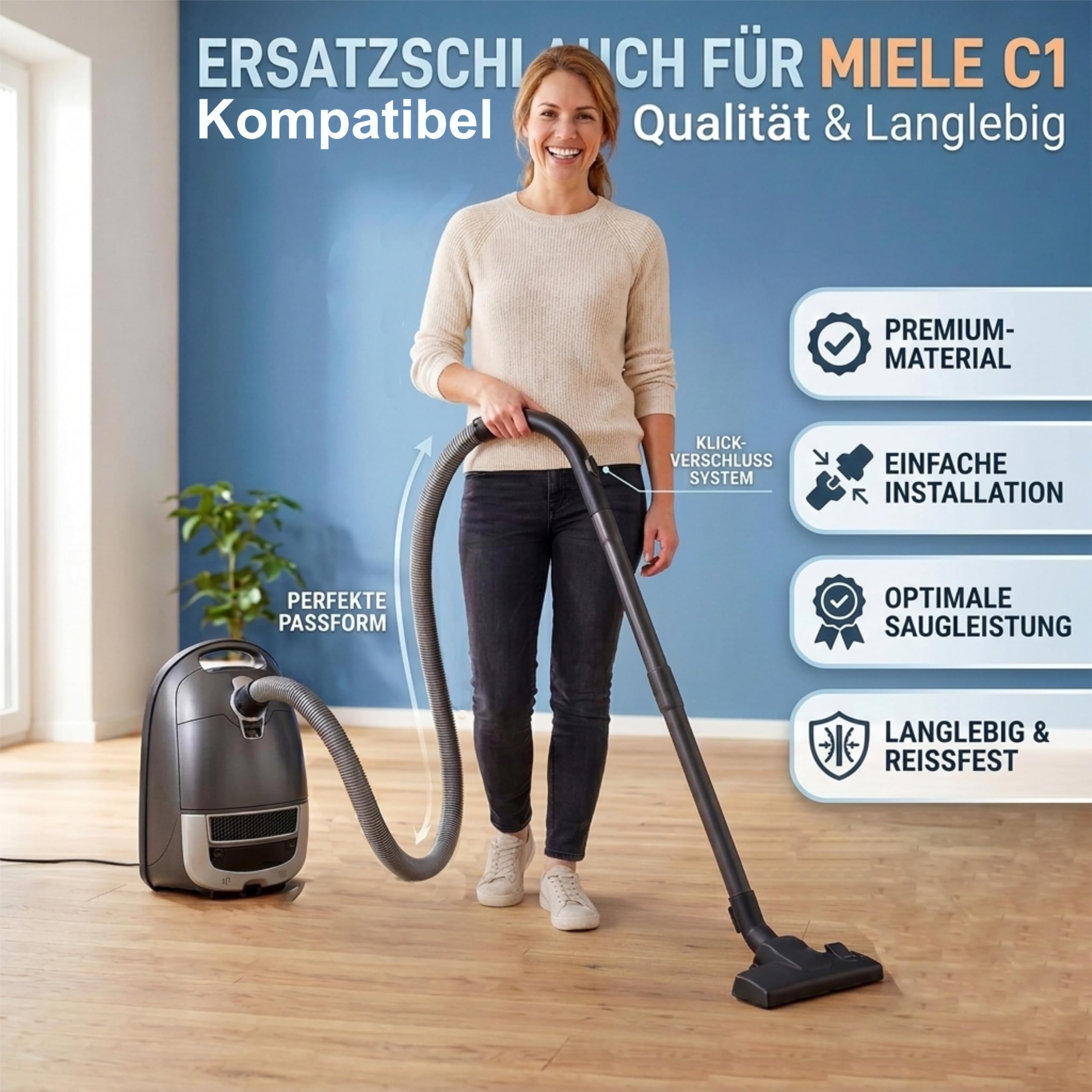 Staubsaugerschlauch kompatibel mit Miele Staubsauger Classic c1 Ersatzteile | DeClean Schlauch passend für Complete C1, Classic Jubilee, Ecoline, Tango | 1,8m (180cm) Premiumschlauch