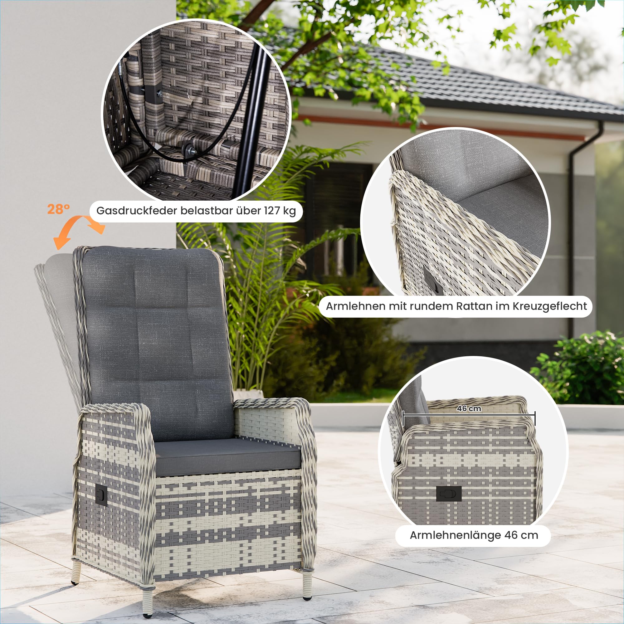 Gotland Rattan Gartenmöbel Set Lounge Möbel Outdoor, Verstellbares 2-Sitzer Terrassen/Balkon möbel Set mit 118° Rückenlehne & Fußhocker, Hochwertige Polster & Glastisch, Gartengarnitur Wetterfest