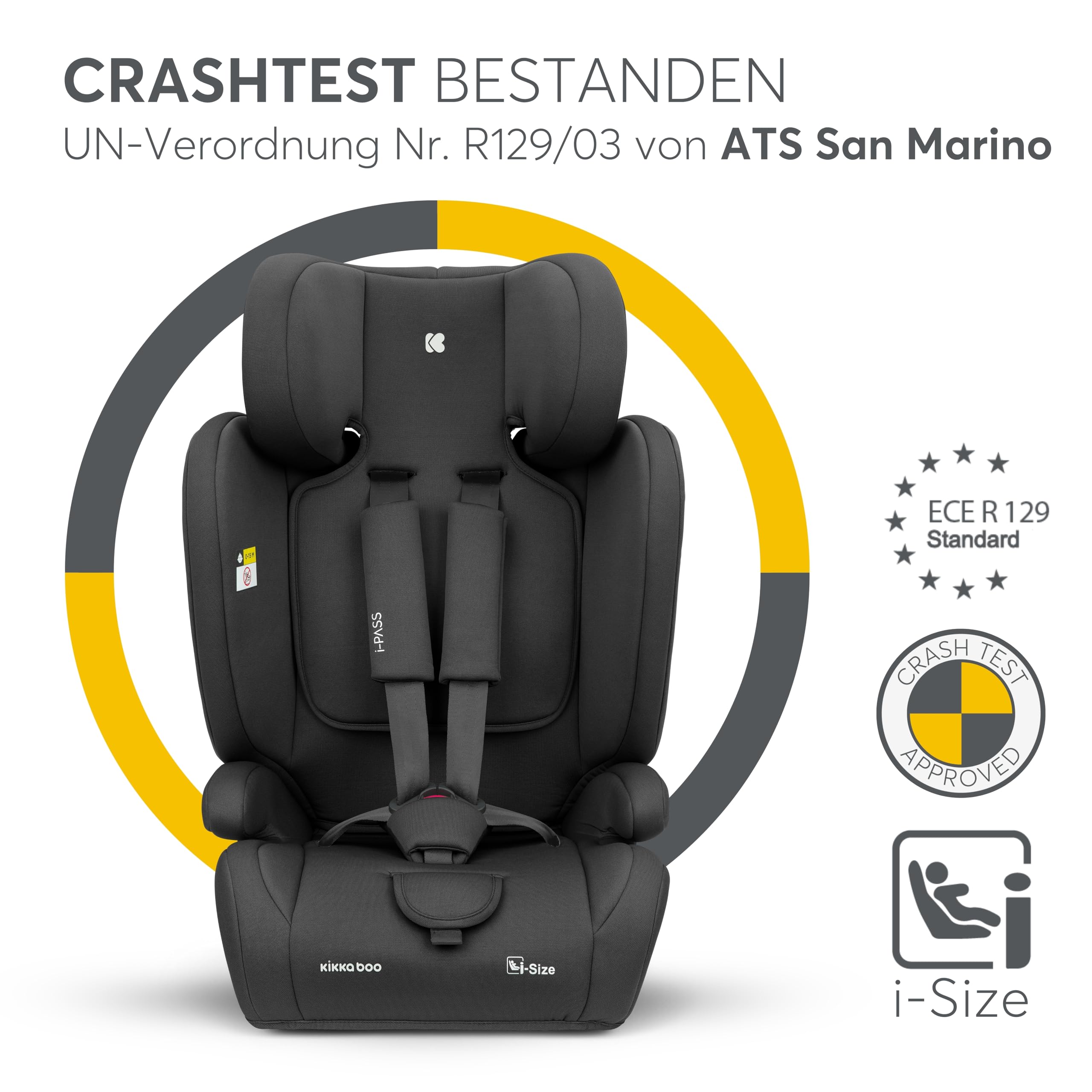 KikkaBoo Auto Kindersitz 9-36 kg i-PASS i-Size Gruppe 1/2/3 76-150 cm Schwarz