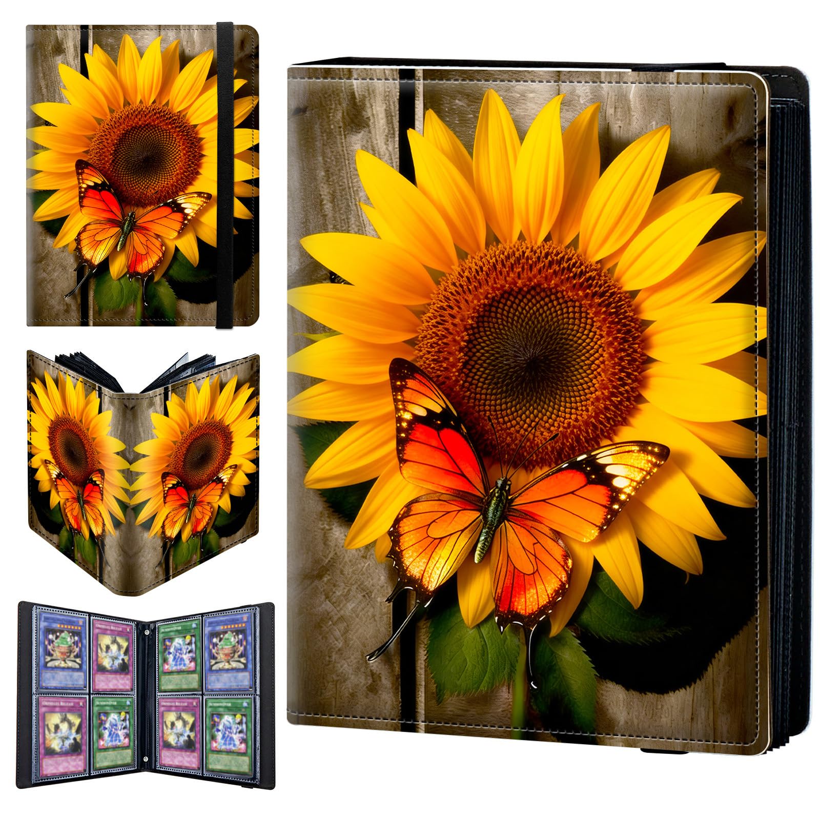4 Pocket Trading Card Binder 240 Side Loading Pocket Album with Big Sunflower and Butterflies Pattern Design Card Binder for Sports Cards & Game Cards