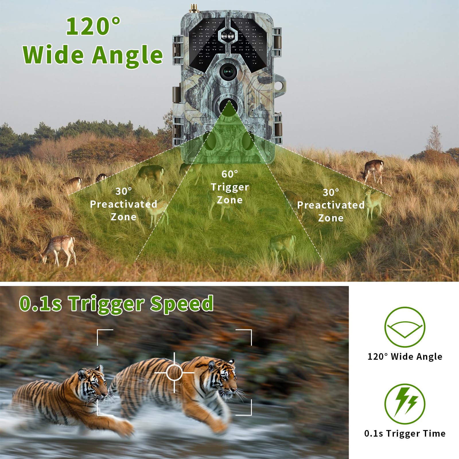 Caméra de Chasse Wi-FI 4K 64MP avec Vision Nocturne Détecteur de Mouvement pour la Chasse, L'observation de la Nature