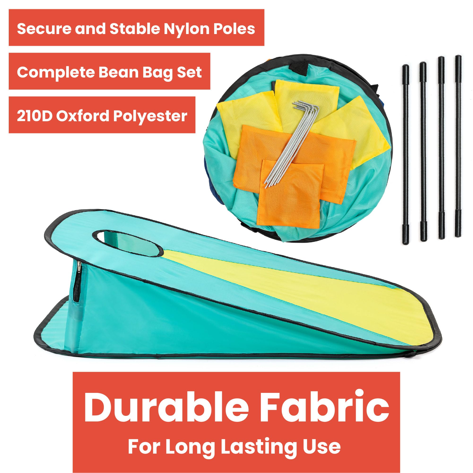 Toyrific Summer Fun Pop-Up Cornhole Game Set, Tragbares Sitzsack-Wurfspiel mit Tragetasche, inklusive gelben und orangefarbenen Cornhole Taschen, einfache Einrichtung Outdoor Familienspaß für Garten