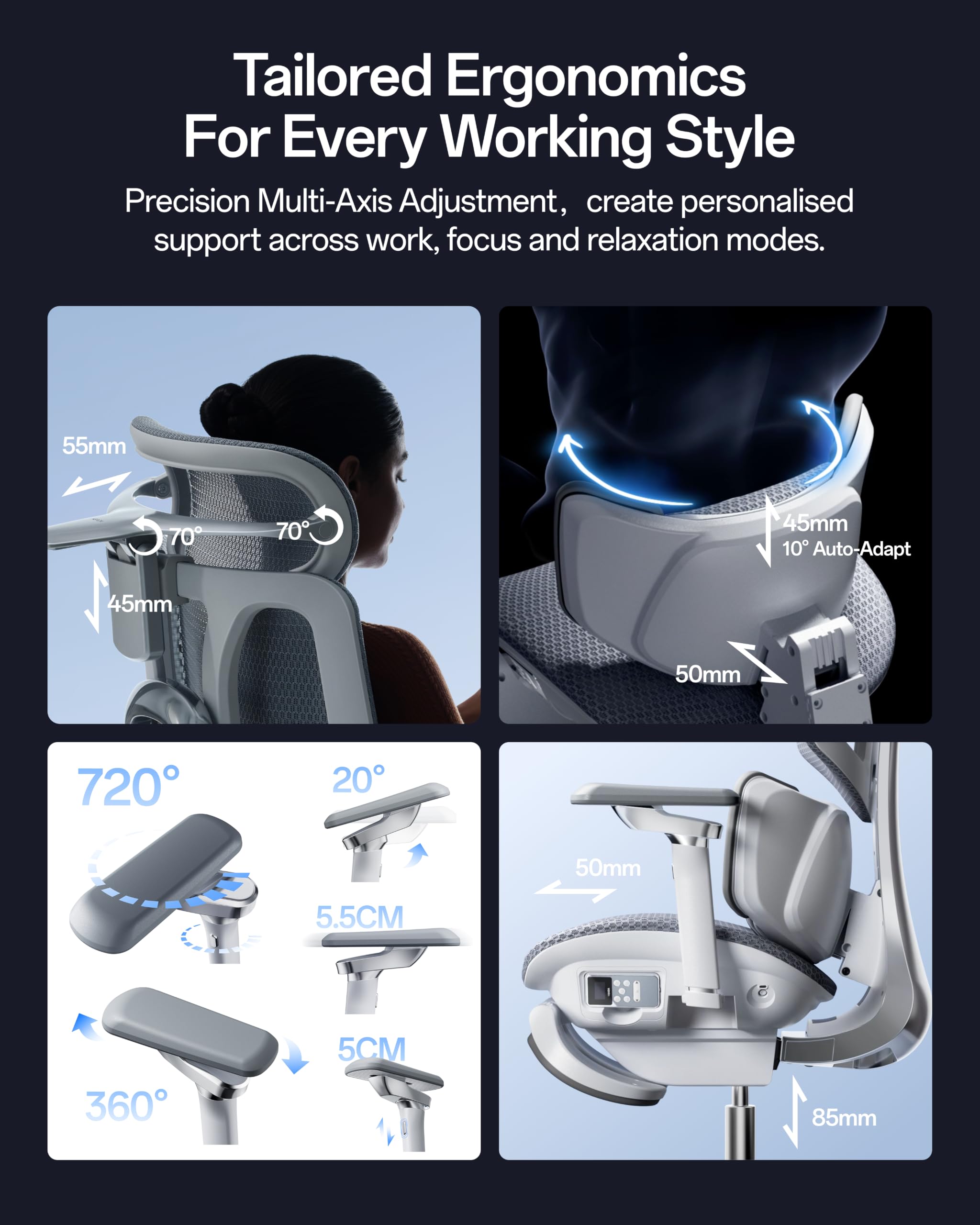 Hbada X7 Inteligentne krzesło biurowe i ergonomiczne krzesło do biurka, z automatycznym śledzeniem lędźwiowym, regulowanym zagłówkiem 4D, podłokietnikami regulowanymi w zakresie 720°, szare