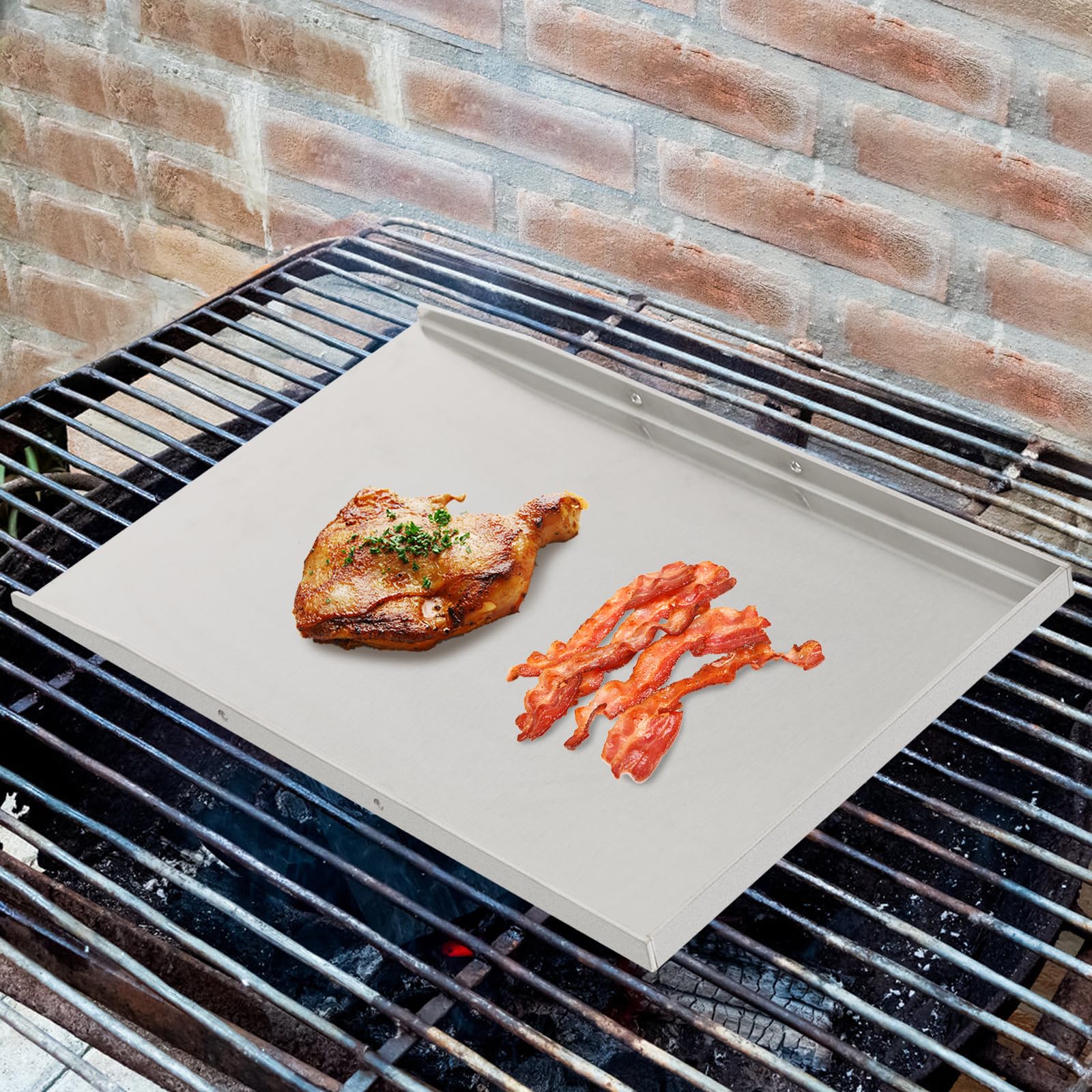 Plancha płyta grillowa, płyta grillowa ze stali nierdzewnej z 2 uchwytami, 49 x 32,5 cm, akcesoria do grilla, stal nierdzewna, grill gazowy Plancha