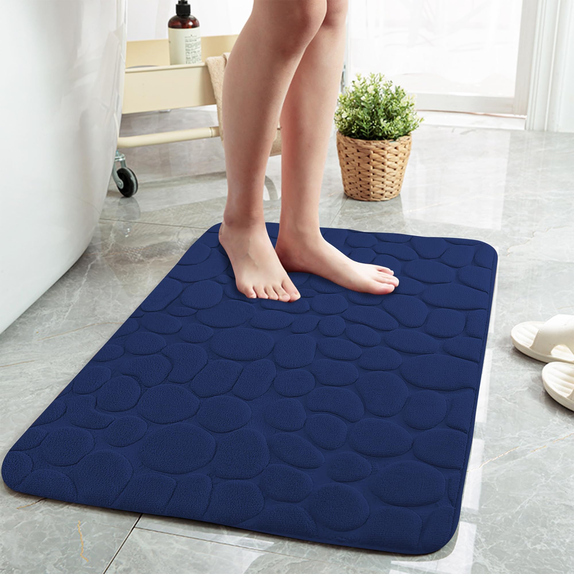 voofly Bathroom Rugs Memory Foam 20 * 32 Navy Blue Bathroom Rugs Non Slips Machine Washable Floor Mats Large