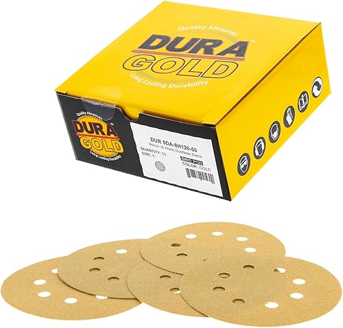 Miniatura 8 de Dura-Gold Discos de papel de lija premium de grano 220 de 5 pulgadas, patrón de 8 agujeros, sin polvo, 50 discos, soporte de gancho y bucle para