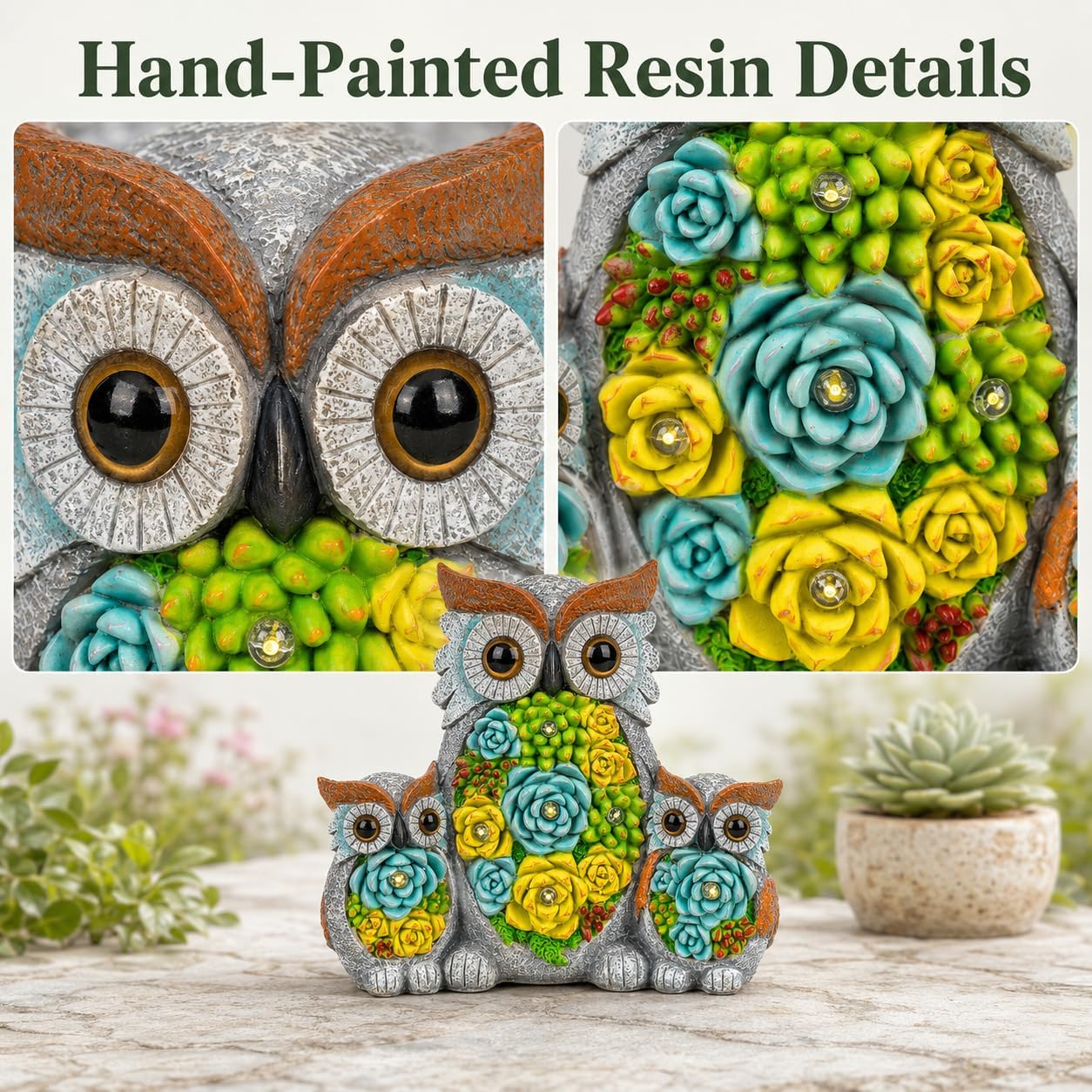 Solar Garden Statue Lights, Owl Family Decor with LED Succulent Flowers, Cute Solar Owl Figurines, Waterproof Resin Outdoor Yard Art for Patio Lawn Porch, Garden Gifts for Women Mom Grandma image 5