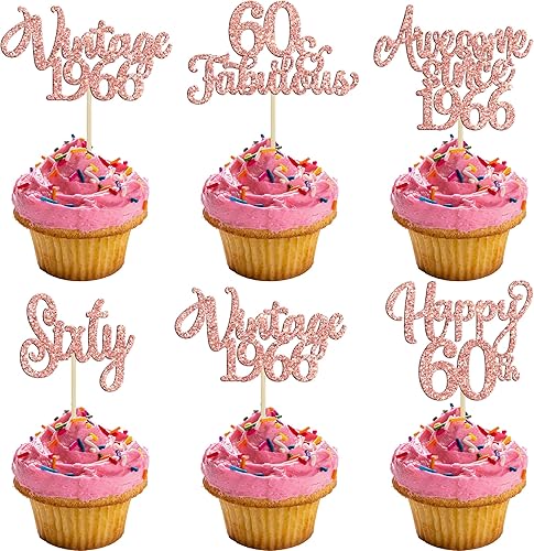 30 piezas vintage de 1966 decoraciones para cupcakes con purpurina 60 Fabulosos 60 Cumpleaños Felices 60 para 60 años para cumpleaños 60 años,