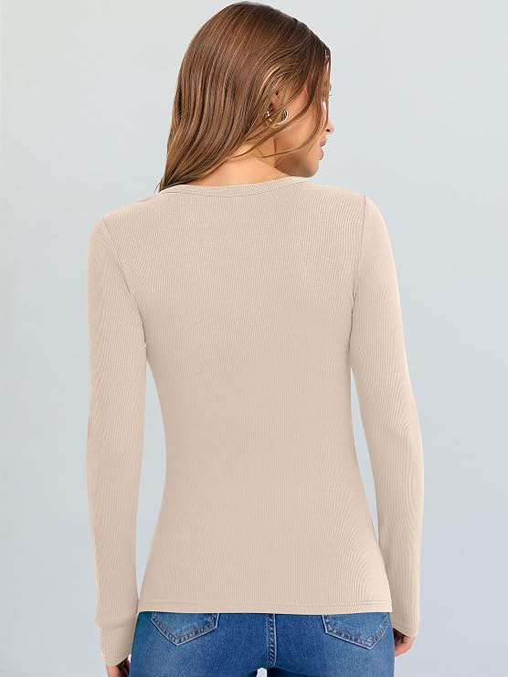 ANRABESS Long Sleeve V Neck Shirts for Women | Soft Comfy Ribbed Knit Fitted Tshirts, Casual Going Out Tops, 2026 Trendy Basic, Fall Winter Underscrub Layering Clothes