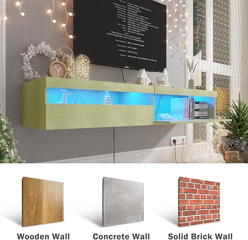 Miniatura 3 de ANTISTA Soporte de TV flotante con luces LED y tomas de corriente, centro de entretenimiento montado en la pared de 70 pulgadas con gabinete de