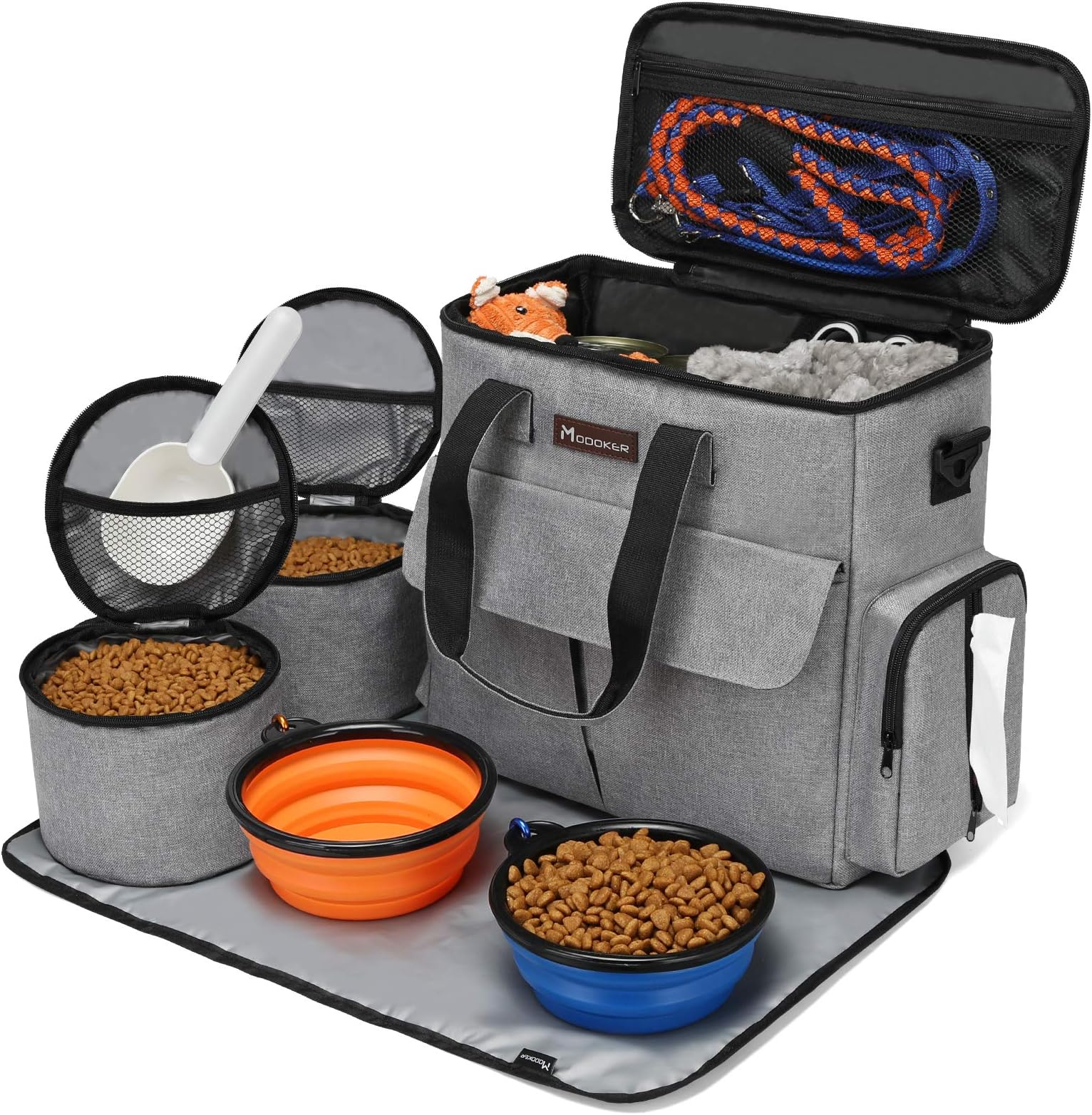 ModokerModoker Dog Travel Bag, Weekend Pet Travel Set for Dog and Cat, Airline Approved Tote Organizer with Multi-Function Pockets, 2 Food Storage Containers, 2 Collapsible Bowls, 1 Feeding Mat (Grey)