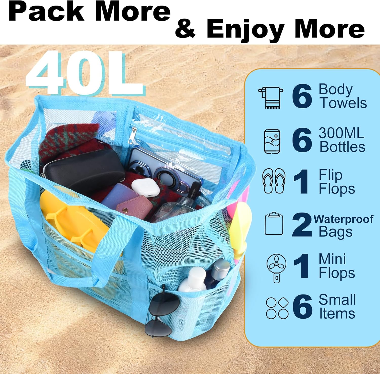 Mesh Beach Bag,Large Beach Bags for Women with 8 Pockets,Packable Tote Bag for Beach Cruise Pool Vacation Essentials - Image 4