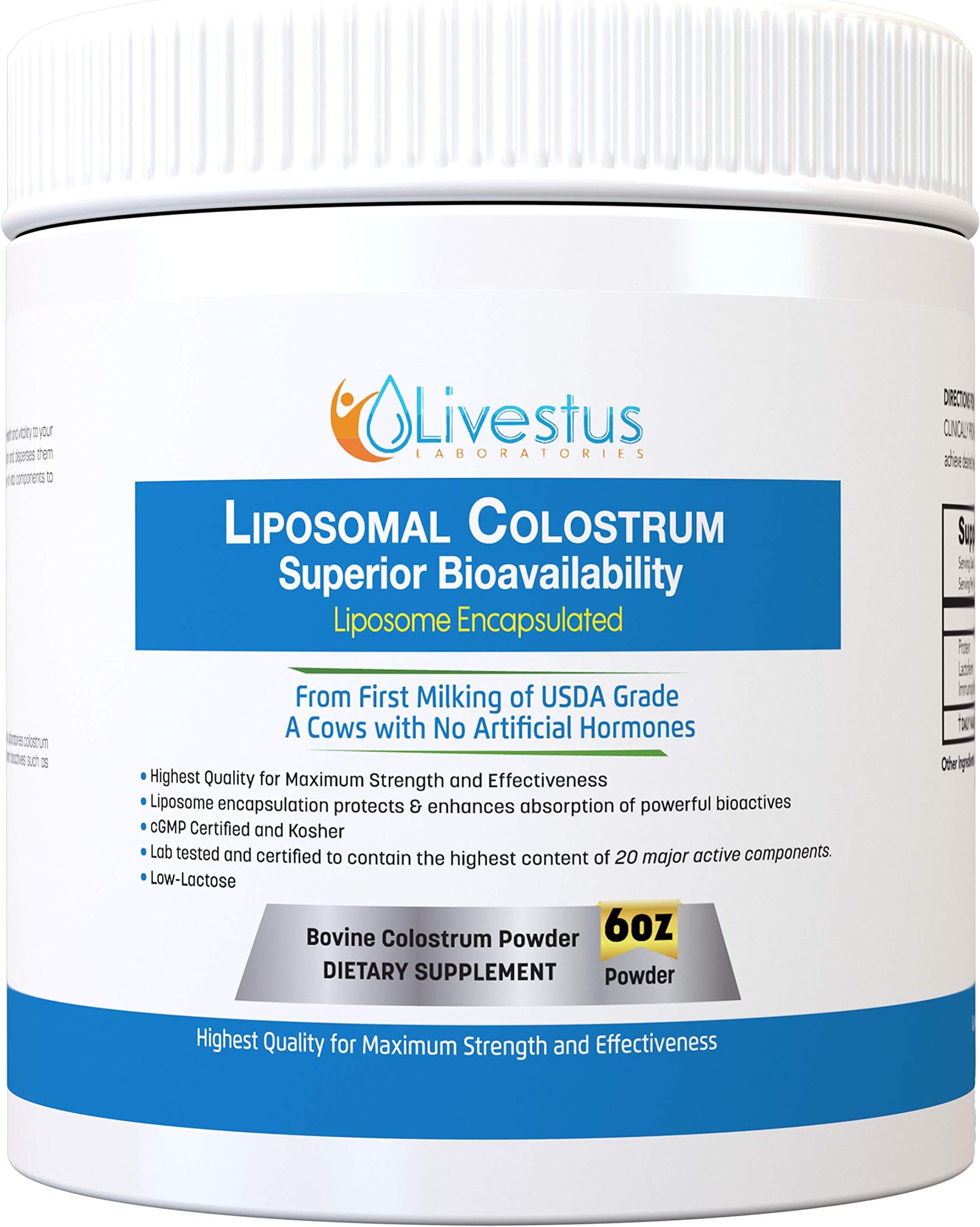Livestus ® Liposomal Colostrum Powder 6oz - Superior Bioavailability to Heal Leaky Gut and Boost Immune System, for Allergies, Joints, Made in USA from USDA Grass Fed Cows Bovine Lactoferrin
