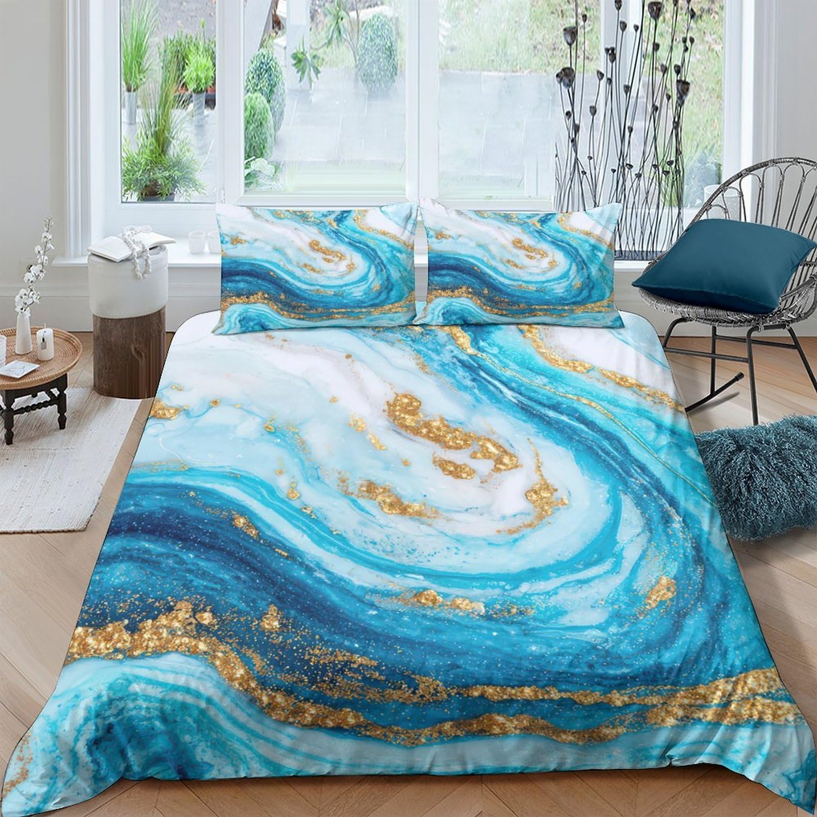 Ctjqhvkz Style-6 3D Printed Blue Marble Fitted Sheet Microfiber Soft Breathable Gold Swirl Mattress Cover For Bedroom Decor Single（135X200cm）