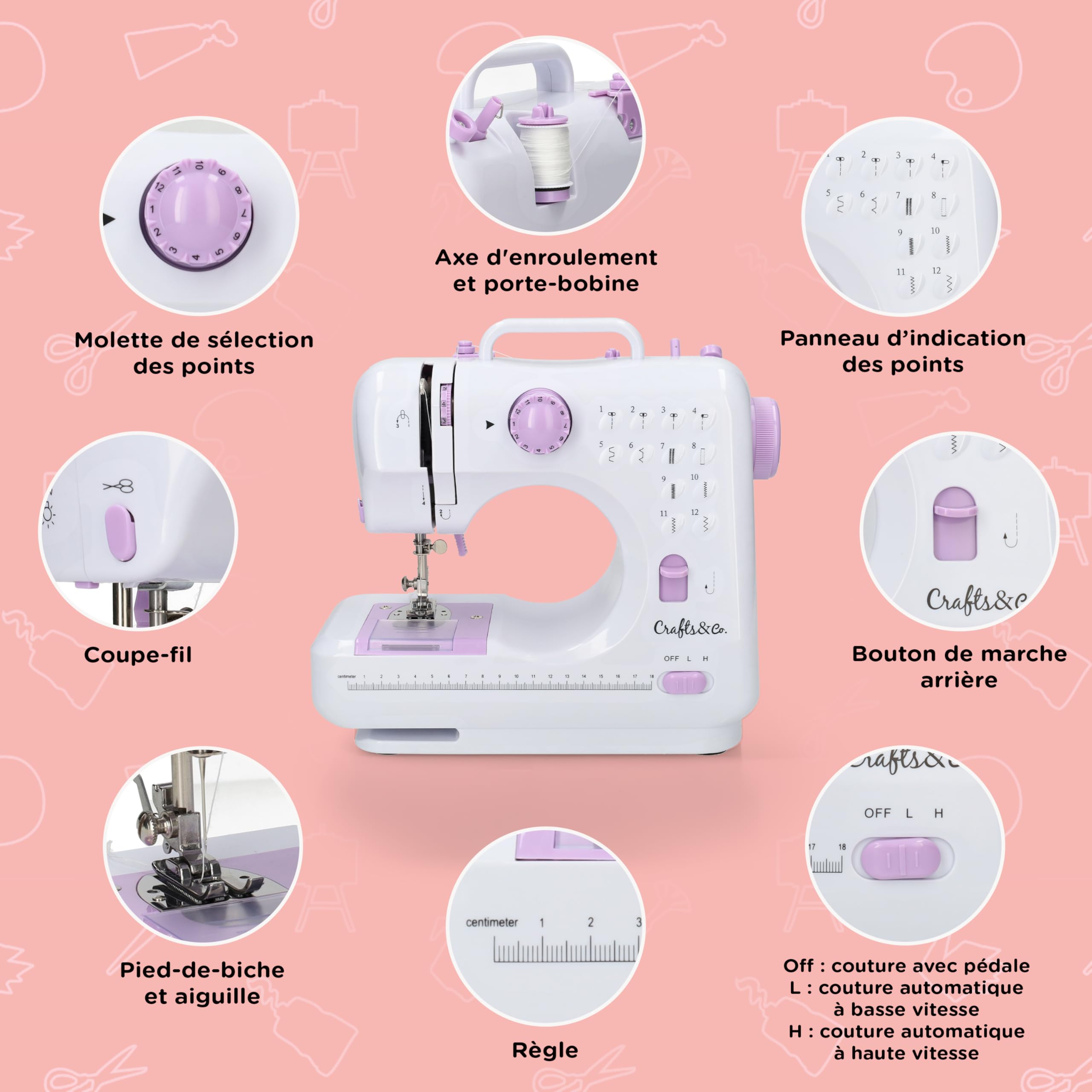 Crafts&Co® Machine à Coudre Portable Blanche | Mini Machine à Coudre Enfant avec & Pédale | 12 Points | Vitesse Réglable | Machine à Coudre Débutant | Machine à Coudre Pas Cher | Machine à coudre manuelle avec lumière LED intégrée et pédale de pied, 12 po