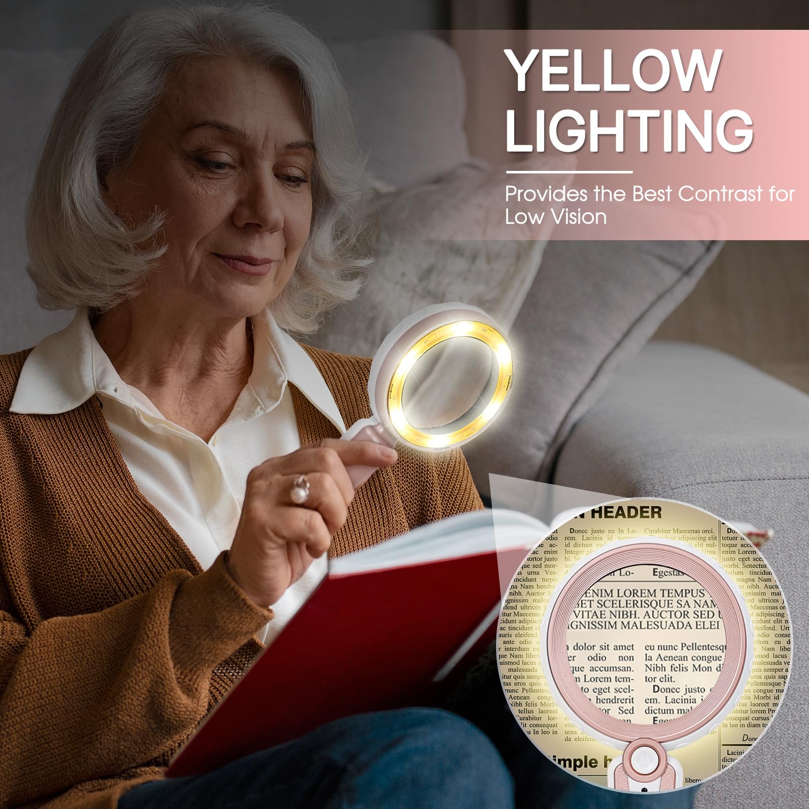 Lupa 45X con luz, 6 modos de color, lupa de mano grande de 4.6 pulgadas, recargable de 1200 mAh para mujeres, personas mayores de baja visión con degeneración macular, lectura, joyas, monedas
