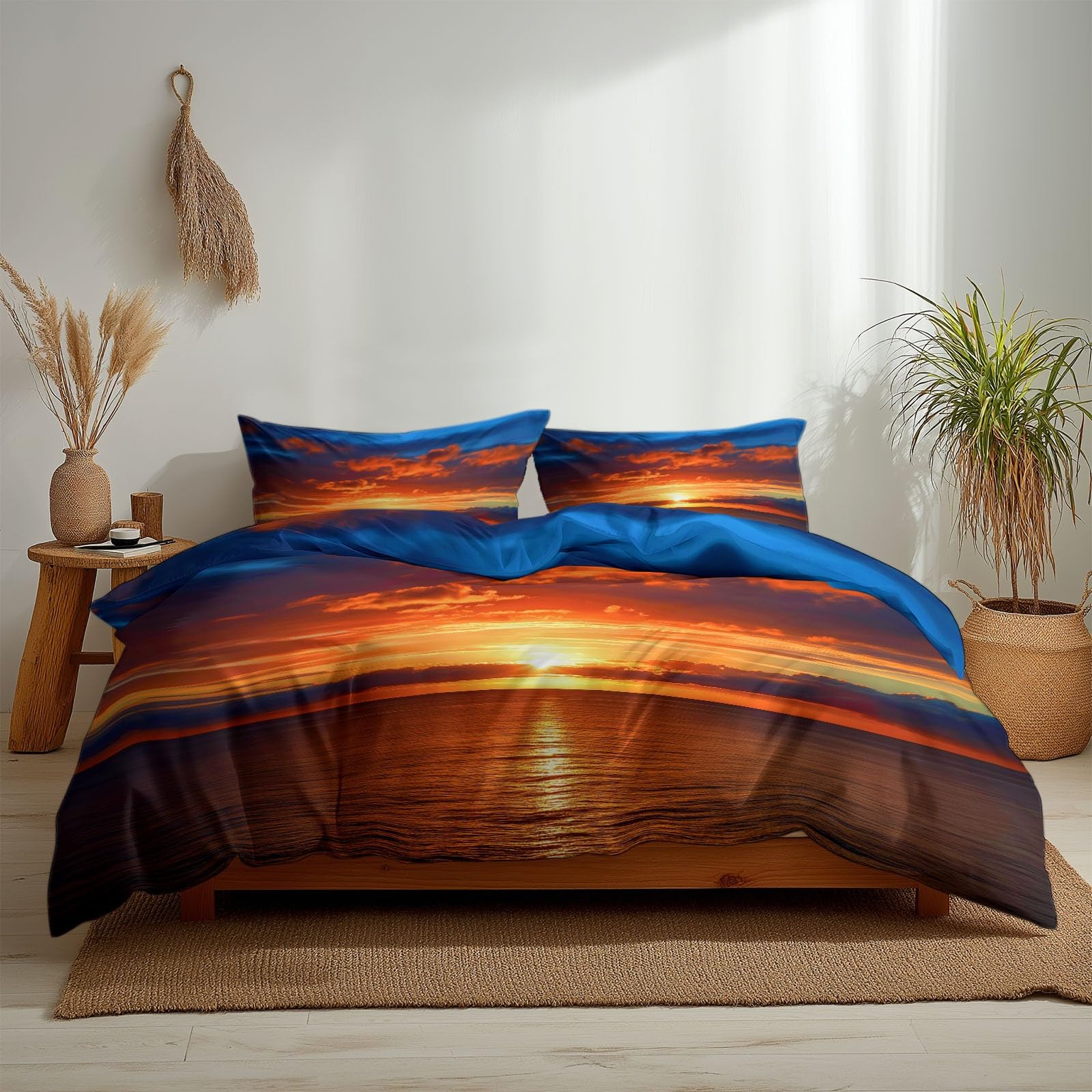Pościel 240 x 220 cm, żółta pościel – dwustronny komplet pościeli z mikrofibry, poszewka na poduszkę z poszewką na poduszkę, nie wymaga prasowania i nie gniecie się, natura, zachód słońca, krajobraz