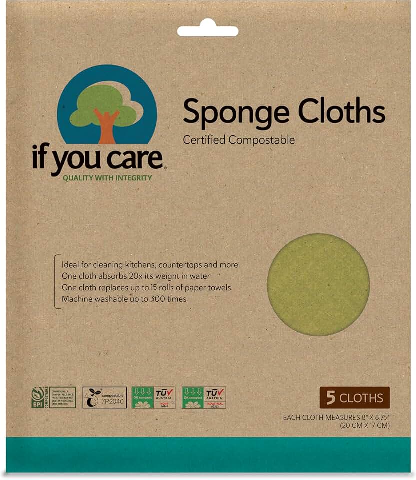 If You Care Sponge Cloths – 5 Count – 100% Natural Cleaning Rags for Kitchen, Bathroom, Home Countertop Surfaces – Absorbent, Reus