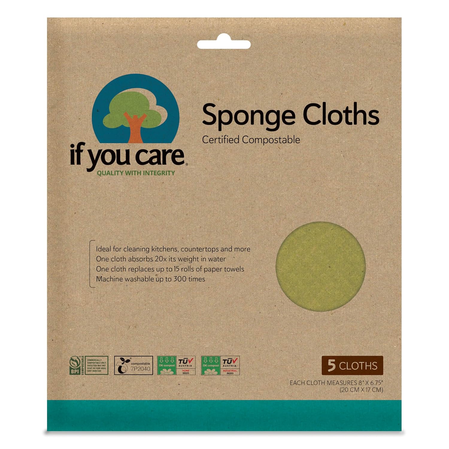 If You Care Sponge Cloths 5 Count 100 Natural Cleaning Rags for Kitchen Bathroom Home Countertop Surfaces Absorbent