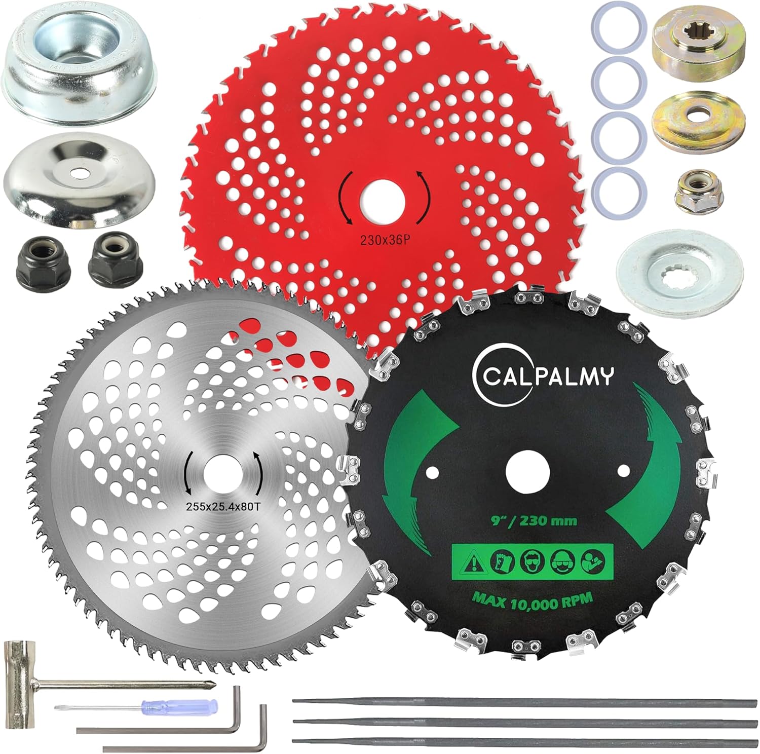 CALPALMY Brush Cutter Blade and Adapter Kit - 9" x 20T / 9" x 36T / 10" x 80T Circular Trimmer Chainsaw Tooth Saw Blade - for Cutters, Trimmers & Weed Eaters – Trims Trees, String & Underbrush