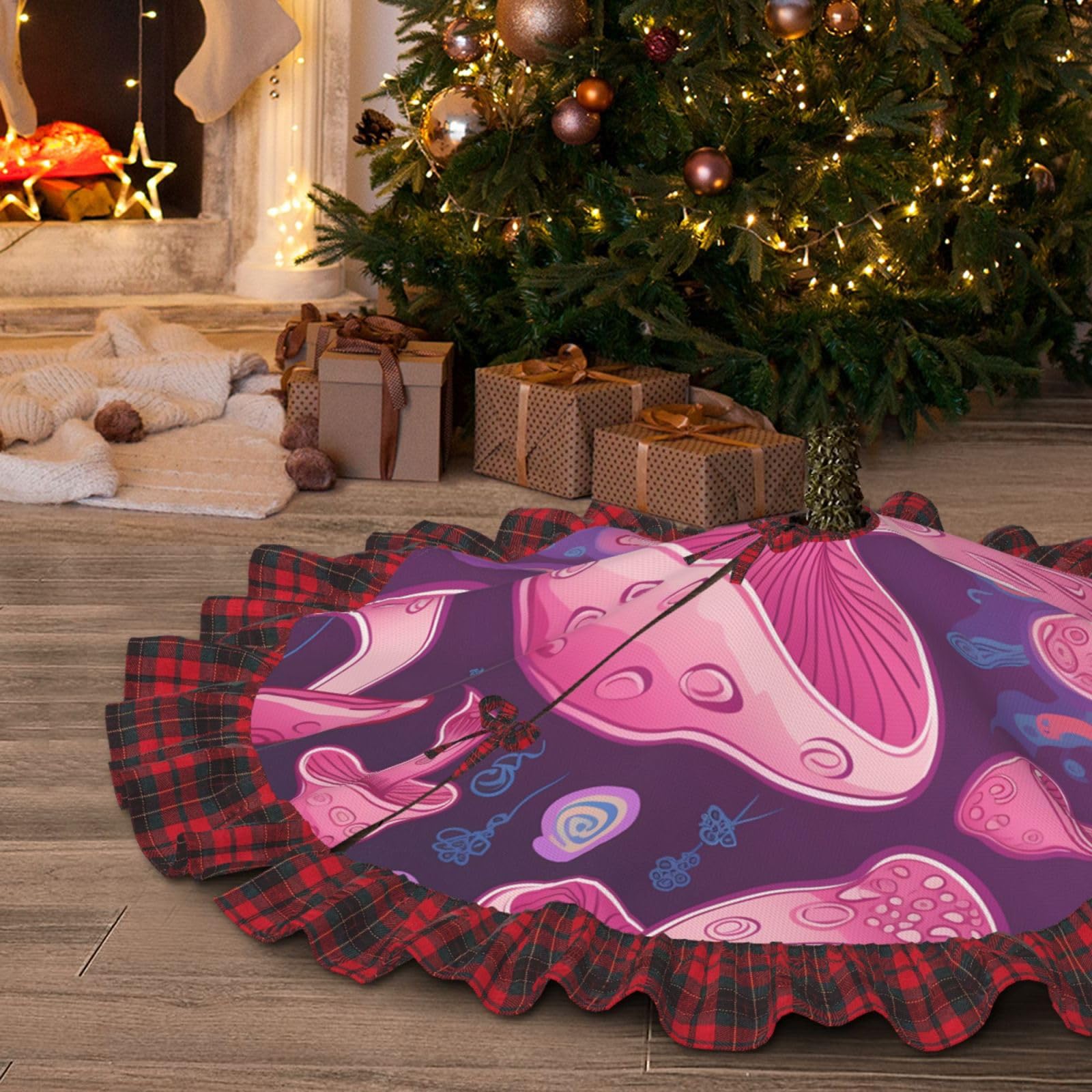Jupe de sapin de Noël champignon rose : tapis rustique pour décoration de fête
