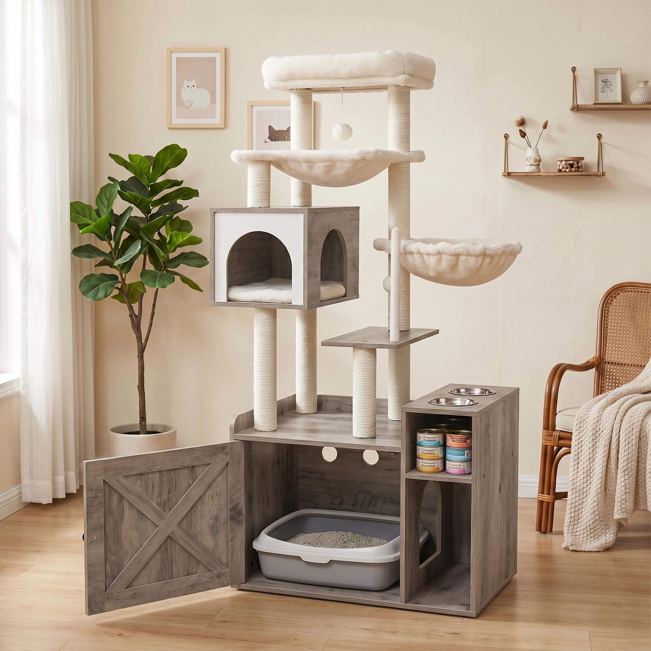 Relaxdays rascador, Mueble arenero y comedero, 144x71x45,5 cm, marrón Claro | postes de sisal, cesta, efecto madera