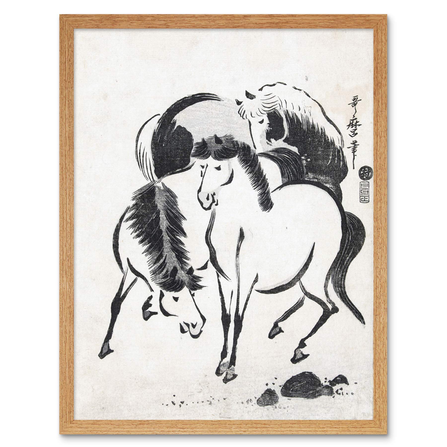 Artery8 Kitagawa Utamaro Three Horses Japanese Drawing Art Print Framed Poster Wall Decor 12x16 inch