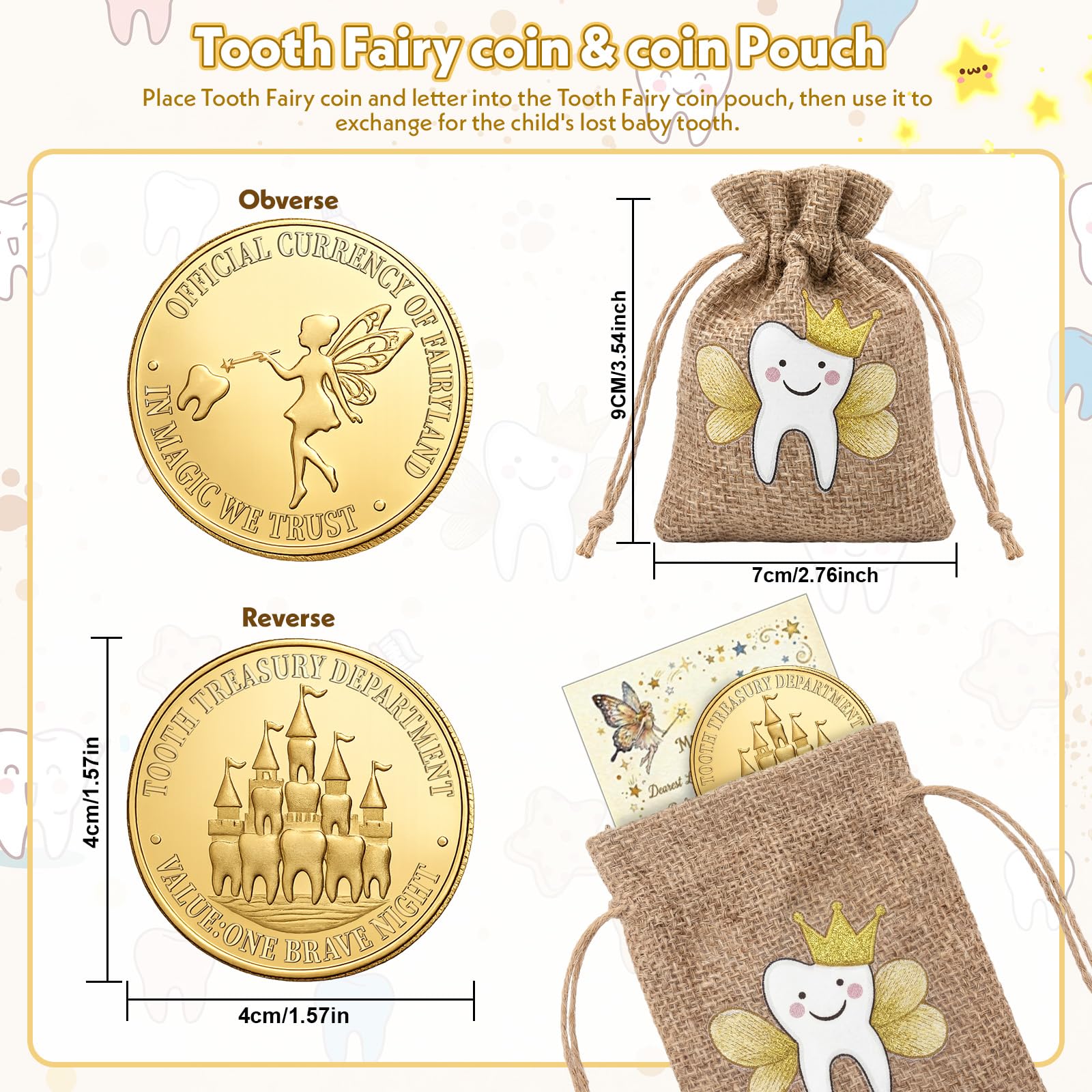 Kenning 25 Pcs Tooth Fairy Kit Gifts - Complete Lost Tooth Gift Set with Magical Letters, Gold Coin, Burlap Pouch, Envelope and Mini Magnifier, Keepsake for Lost Teeth