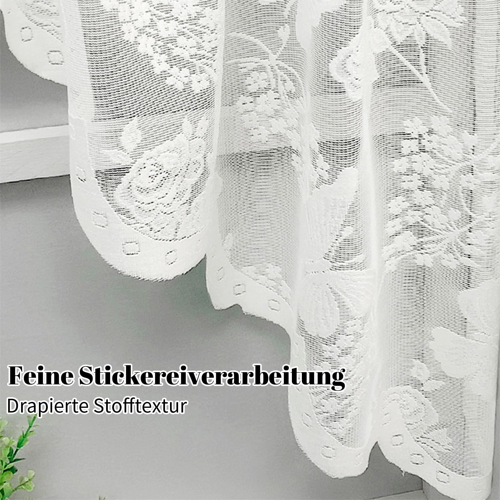 KnBoB Voilage Cuisine Court - Rideaux de Cuisine Dentelle Brodée Fleurie, Style Campagne, Rideau Brise-Bise À Œillets, Polyester Blanc - 150x100cm