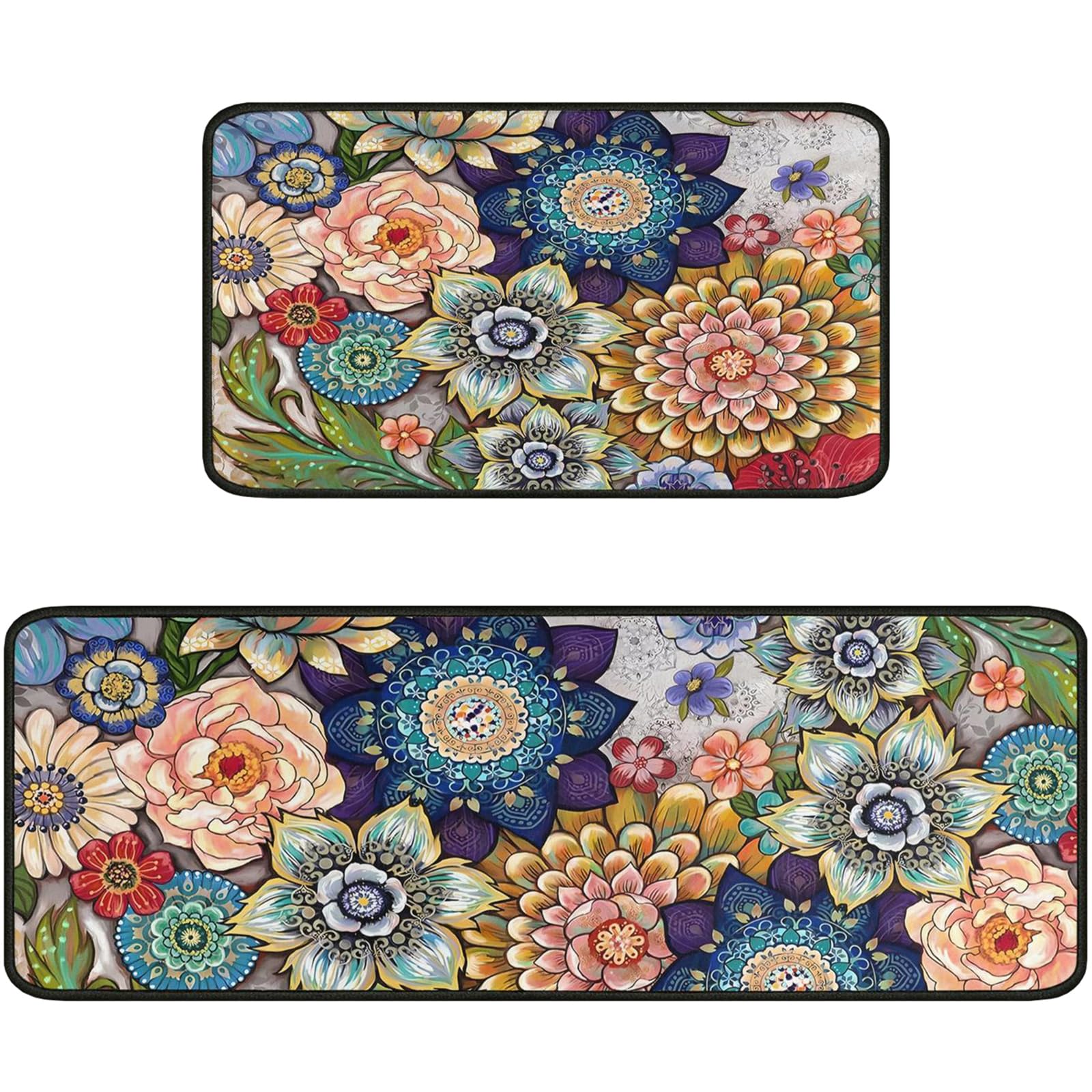 Faptoena Floral Kitchen Rugs Set of 2, Mandala Boho Kitchen Mats for Floor, Non-Slip Washable Sink Mats Bohemian Home Decor