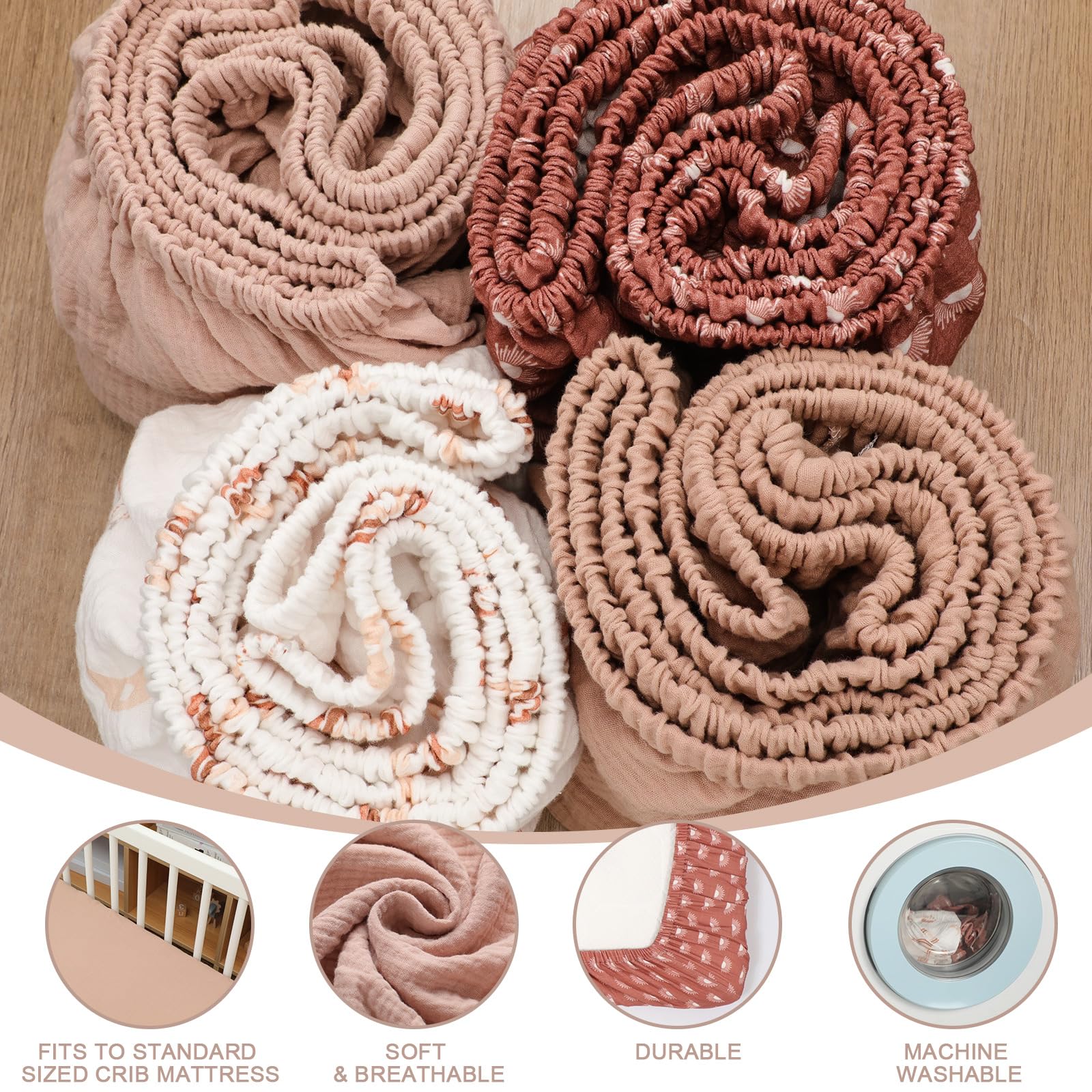 Mindsoft 4-teiliges Musselin-Spannbettlaken-Set für Jungen und Mädchen, Spannbettlaken für Kinderbetten für Standard- und Kleinkindermatratze, weiche und atmungsaktive Baumwolle, Baby-Bettlaken, 71,1