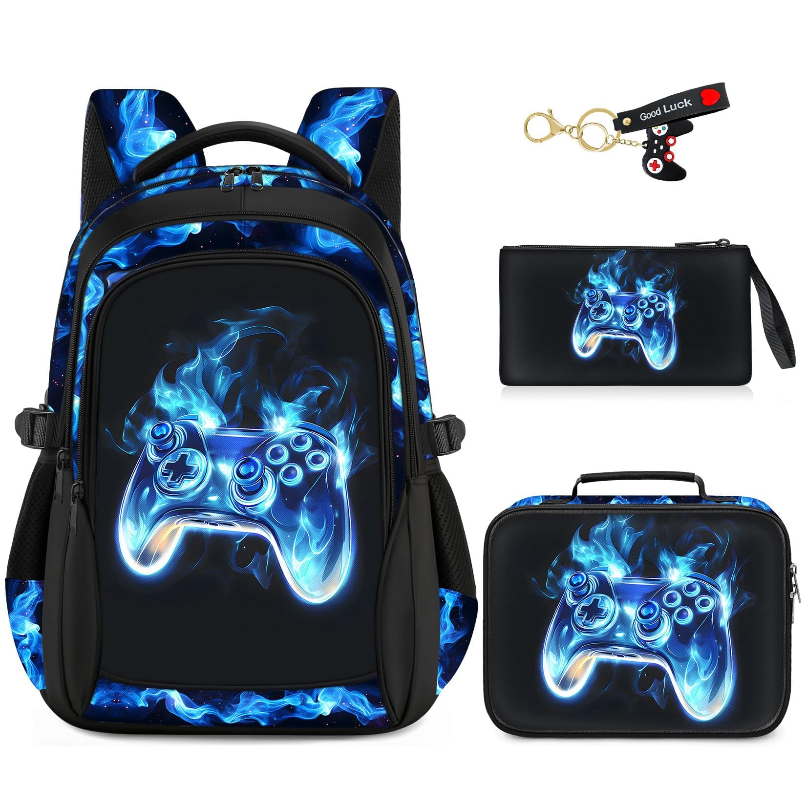 ZHIMEBYE School Backpacks for Boys - 4pcs Gamer Boys Backpacks with Lunch Box Set for Kids Teens Elementary Middle School, 17″ Large Capacity Students