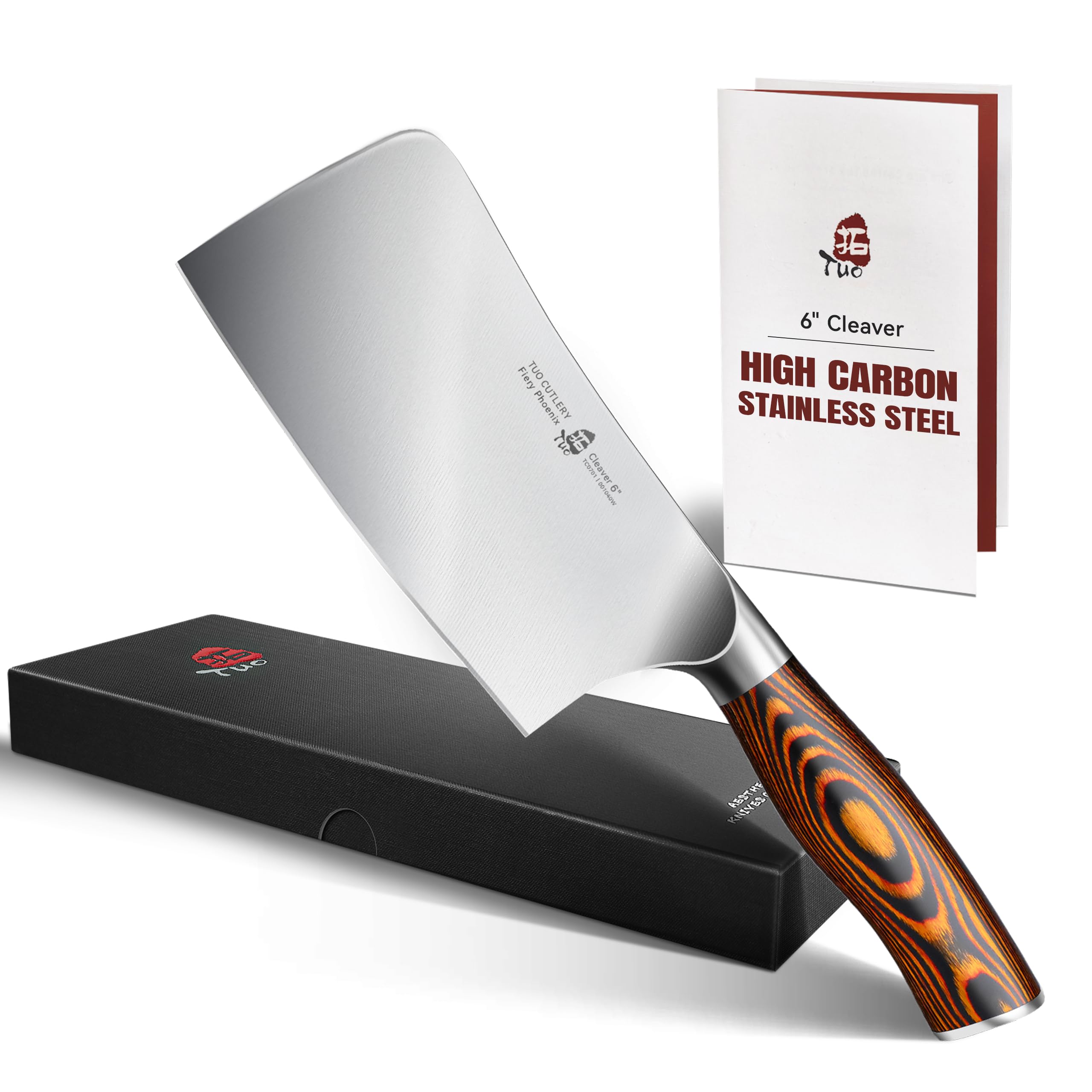 TUO Cutlery Meat Cleaver Chopper Knife - HC German Stainless steel - Kitchen Knife - Ergonomic Pakkawood Handle - 6" - Fiery Series