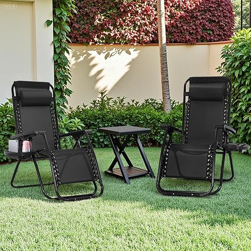 Miniatura 2 de PayLessHere Juego de 2 sillas de descanso ajustables de gravedad cero, silla de playa plegable con almohada extraíble y soporte para tazas para